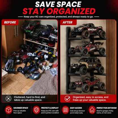 2 Pack RC Car Wall Mount, RC Car Stand for 4 Vehicles, Remote Control Cars Storage for Garage & Home, Wall Mount Shelf for Scale Trucks, Workstation Organizer