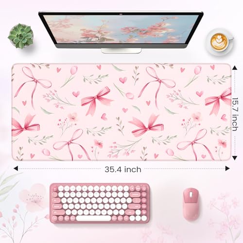HAOCOO Pink Coquette Desk Mat, Cute Large Mouse Pad for Keyboard, Non-Slip Waterproof Desk Pad, Office Desktop Mat with Stitched Edges, Desk Decor for Women Office Aesthetics - color: D-coquette, size: 35.4" x 15.7"
