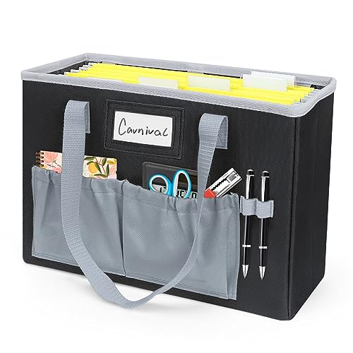 abcxgood Desktop File Organizer Box,Collapsible Hanging Filing Box,Home Office Document Storage Organizer with Front Pocket and Handles, Letter Size Folder. (BLACK) - color: BLACK