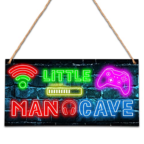 Little Man Cave, Neon Gaming Wooden Door Sign for Gamer Room Decor, Boys Decorations for Bedroom Nursery Playroom Wall Art (5"x10") -A06 - style: Neon Game
