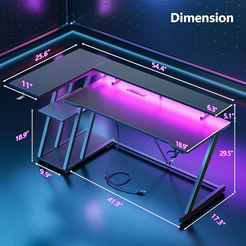 Korfile 55 Inch Gaming Desk with Power Outlet & LED Lights, L Shaped Gamer Computer Table with Storage Shelves for Bedroom, Corner Home Office Desk, Carbon Fiber Black - color: Carbon Fiber Black, size: 55 Inches