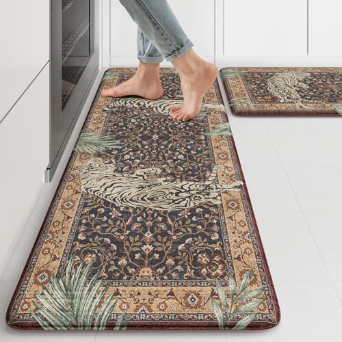 KIMODE Anti Fatigue Kitchen Mats for Floor 2 Piece, Farmhouse Puce Red Kitchen Rugs, Cushioned Kitchen Floor Mats, Tiger Memory Foam Standing Desk Mats for Laundry Office Sink 17"x47"+17"x29" - color: Tiger/Puce Red, size: 17.3" x 47"+17.3" x 29"--0.47 in