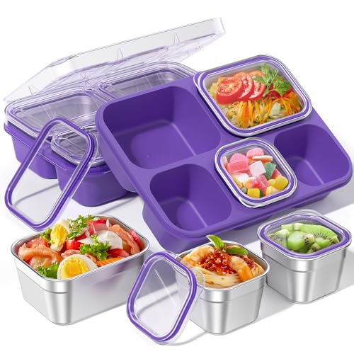 BiuLeon Snackle Box Containers, Stainless Steel 5 Compartments Divided Serving Tray with Lid, Removable LeakProof Portable Bento Box for Fruit Candy Nuts Food - School, Picnic and Travel（Purple） - color: Purple