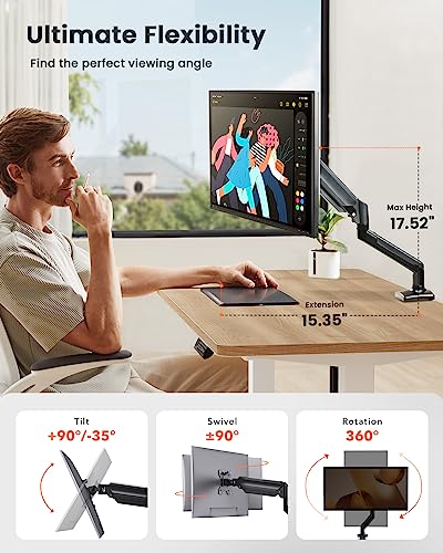 ErGear Single Monitor Arm for 13-36 inch Screens, Adjustable Gas Spring Monitor Mount Holds up to 22 lbs, Computer Monitor Stand with VESA Mount, C-Clamp & Grommet Base, Max VESA 100x100mm - size: 13"-36", style: Single Arm