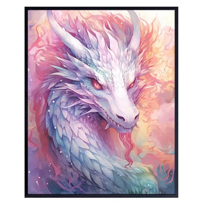 Fantasy Dragon Wall Art - Science fiction Mythical Creatures - Video game Room Wall Decor - Pink White Gamer Girl Room Decor - Sci Fi Wall Art Gaming Art Print - Dragon Art playroom Decor - Dragon Poster