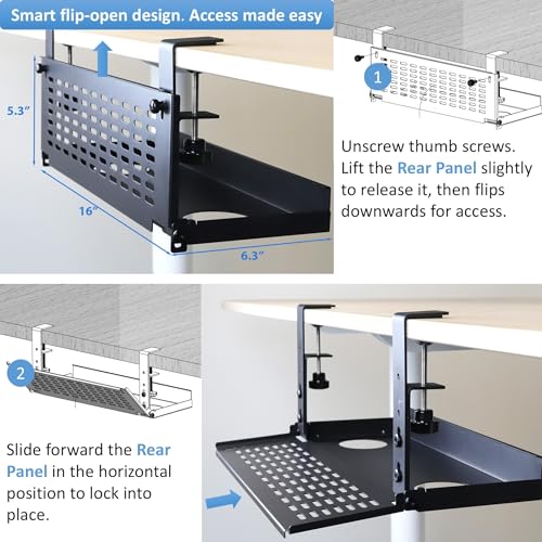 AEONS Universal Under Desk Cable Management Tray-Clamp Mount Hinged Swing Modesty Panel Organizer for Office Desks, Easy Access Flip-Down Position Power Strip Cord Storage No-Drill, 25 lb Capacity - style: 16" Swing, Black
