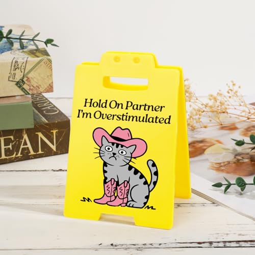 Funny Cowboy Cat Desk Sign - Hold On Partner I'm Overstimulated - Cute Office Decor for Cat Lovers, Introvert Humor, Social Anxiety Gag Gifts for Women, Coworkers - style: Funny Cat