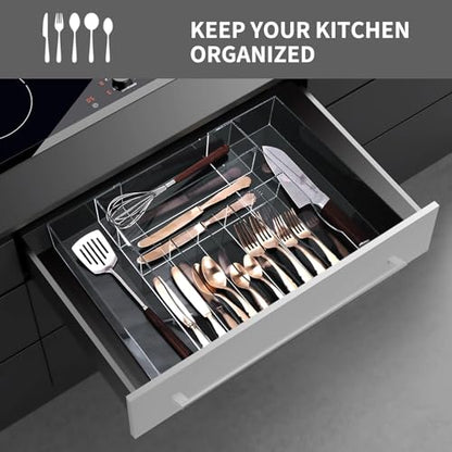 Clear Acrylic Drawer Organizer for Kitchen Utensils and Flatware, Adjustable Silverware Tray with 9 Compartments for Drawers, Office, and Bathroom Storage