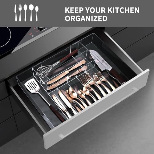 Clear Acrylic Drawer Organizer for Kitchen Utensils and Flatware, Adjustable Silverware Tray with 9 Compartments for Drawers, Office, and Bathroom Storage