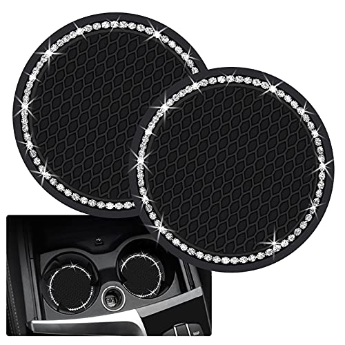 2PCS Bling Car Cup Coaster, 2.75 Inch Auto Cup Holder Insert Coasters Silicone Anti-Slip Crystal Rhinestone Drink Mat, Universal Vehicle Interior Accessories for Women Girls (Black) - color: Black, size: 2pack