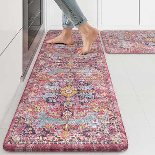 KIMODE Anti Fatigue Kitchen Mat, 17"x47"+17"x29" Boho Vintage Kitchen Rugs Sets of 2, Non-Slip Kitchen Mats for Floor, Cushioned Kitchen Floor Mats for Sink, Laundry, Office, Desk,Fuchsia/Multi - color: Fuchsia/Multi, size: 17.3" x 47"+17.3" x 29"--0.47 i