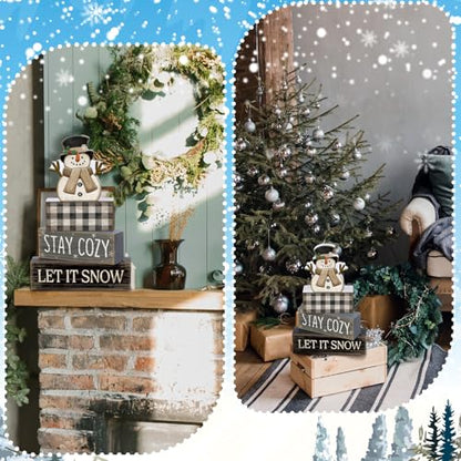 Yuntau 4 Pcs Winter Table Decorations Wooden Snowman Winter Tiered Tray Decor Rustic Block Signs Gift Farmhouse Christmas Centerpiece for Tables Party Kitchen Shelf Home - style: Let It Snow