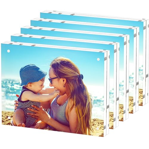 HELPLEX Acrylic Frame, 5 Pack 6x8 Acrylic Picture Frames, 24mm Thicker Frameless Clear Double Sided Magnetic Frame, Free Standing Desktop Display - size: 6x8(5 PACK)
