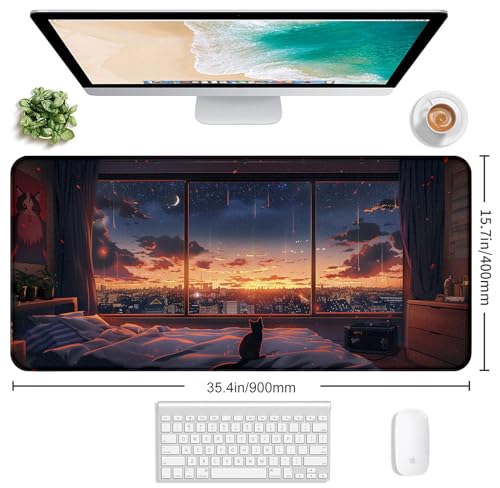 Sunset Night Cat Mouse Pad, Summer Night Scene Decoration Game Table Pad XL | Large Extended Mouse Pad; Full Desk Coverage; Waterproof Coating; Stable Anti-Slide Base For Gaming, Office, Study Daily Use - color: Anime Cat