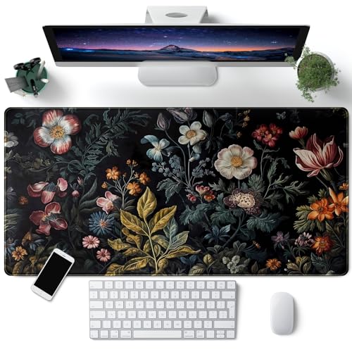 Floral Desk Mat Dark Vintage Aesthetic Desk Pad Flower Plant Black Extended Mouse Pad Large Gaming Mousepad XXL Laptop Computer Mouse Keyboard Mat 31.5 x 15.7 in for Office Desk Decor - color: A Vintage Floral