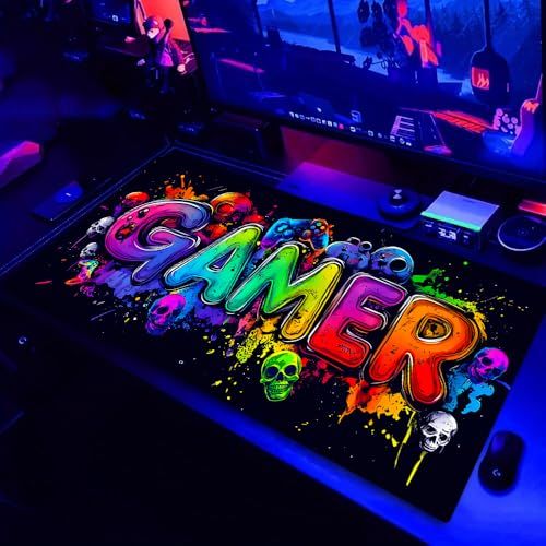 Gamer Blacklight Mouse Pad – UV Reactive Neon Gaming Desk Mat with Skull Design, Waterproof Extended Large Mousepad with Non-Slip Rubber Base for Computer Keyboard – 31.5" x 11.8" - color: Gamer B