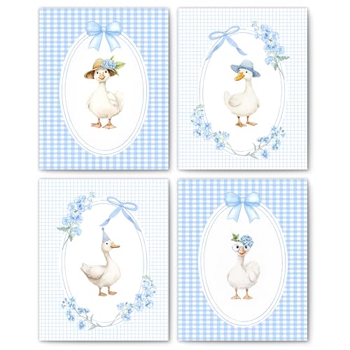FITIE Blue and White Checkered Goose Duck Nursery Wall Art Posters Set of 4, Goose Nursery Kids Room Decor, Coquette Blue Bow Floral Duck Canvas Prints Artwork Wall Decor, 8x10 Unframed - color: Home Wall Art 07