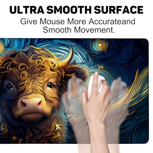 Starry Night Highland Cattle Gaming Mouse Pad Large Desk Mat Extended Keyboard Anime Mousepad with Non-Slip Base and Stitched Edge for Desk Home Office Gaming,35.4 x 15.7 Inch - color: Starry Night Highland Cattle, size: 15.7*35.4inch