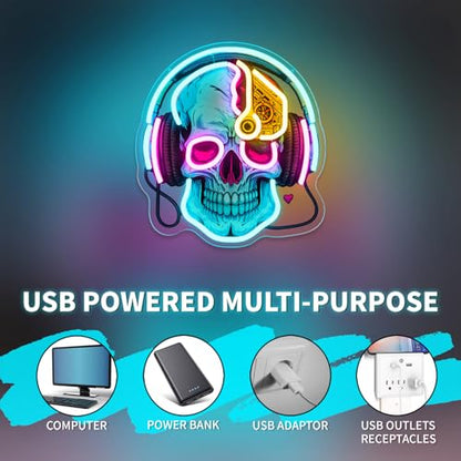 Skull Neon Sign with Headphones,LED Gaming Neon Light,Dimmable USB Powered Neon Wall Sign for Gamer Room, Bedroom, Man Cave, Cool Aesthetic Neon Sign - color: blue-skull