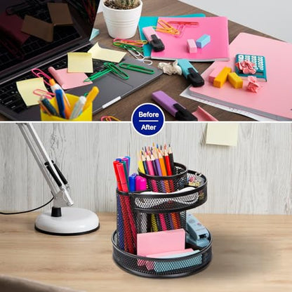 Comix 360° Rotating Pen Holder for Desk, 9 Compartments Office Desk Organizer, Black Mesh Metal Pencil Holder Cup for Office Home School - color: B2051