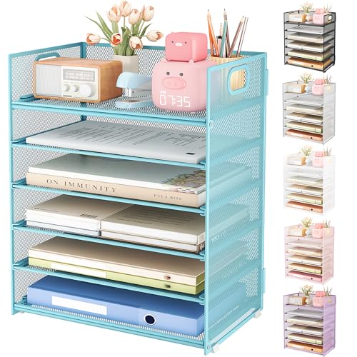 Subekyu 6 Tier Office File Paper Desk Tray Organizer with Handle, Stackable Slide Mesh Letter Tray Folder Blue Desk Organizer, Desktop Document Sorter for Classroom, Office, Home Supplies Storage - color: Blue