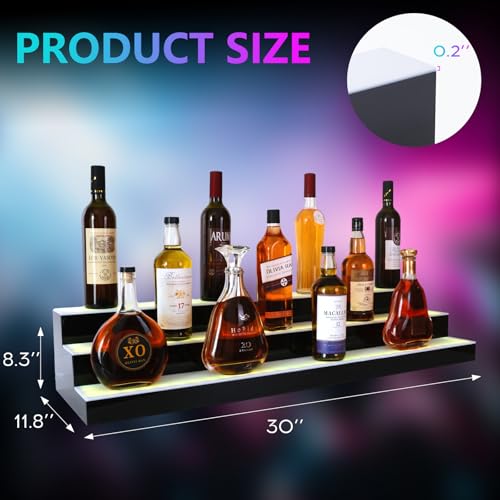 Led Lighted Liquor Bottle Display Shelf, 30 Inch 3 Tier Whiskey Rack, Support USB, Bar Stand with RF Remote & App Control, Illuminated Acrylic Lighting Shelves for Home Bar, Party - size: 30" 3 step