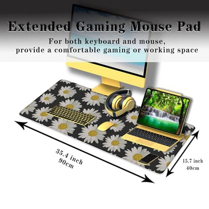 Big Mouse Pad Black Desk Pad Large Gaming Mousepads Pc Mouse Pads Office Items Non-Slip Rubber Base Waterproof with Stitched Edges 35.4 X 15.7 for Game Office, White Daisies - color: White Daisies