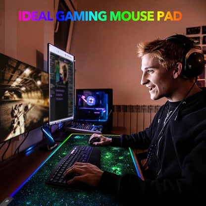 AIMSA RGB Gaming Mouse Pad Extended, Large Led Mousepads Non-Slip Rubber Base with 14 Lighting Modes, Computer Keyboard Mat Soft Desk pad 35.4 x 15.8 inches, Green Star River - color: Green Star River