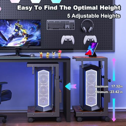 Computer Tower Stand with Charge Station and USB Charging Port - Height Adjustable PC Tower Stand, Under Desk CPU Holder Cart with Locking Caster Wheels for Fits Most PC - color: Brown