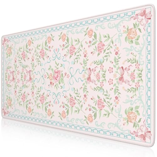 HAOCOO Blue Floral Keyboard Pad, 35.4" x 15.7" Large Mouse Pad for Desk, Non-Slip Waterproof Keyboard Mat, Cute Girly Desktop Mat for Office & Home Decor, Computer Desk Accessories with Stitched Edges - color: D-blue, size: 35.4" x 15.7"