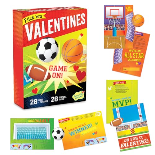 Peaceable Kingdom Valentines Cards for Kids Classroom, Set of 28 Valentines Day Gifts - Flick 'em Sports Games