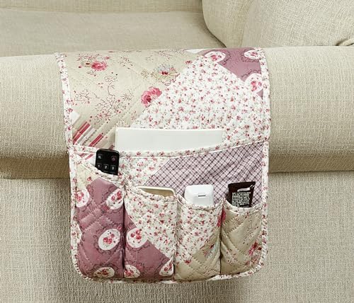 Brilliant Sunshine Patchwork Couch Armrest Organizer, Rose (35"×13") | Non Slip Armchair Caddy for Sofa Recliner, Washable Remote Controls Holder, Storage for Magazine, Phone, iPad - color: Rose