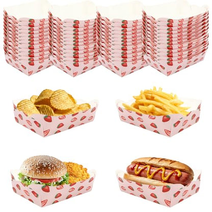 50 Pcs Strawberry Paper Food Trays Strawberry Theme Party Supplies Food Boats Paper Trays Disposable Serving Tray for Taco Snack Pizza French Fry Holder Birthday Party Decorations Favors