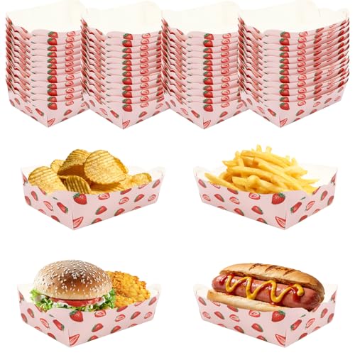 50 Pcs Strawberry Paper Food Trays Strawberry Theme Party Supplies Food Boats Paper Trays Disposable Serving Tray for Taco Snack Pizza French Fry Holder Birthday Party Decorations Favors