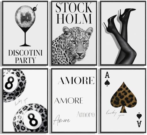6pcs Stylish Black White Leopard Print Poster Wall Art Fashionable Lucky 8 Ball Painting Picture Wall Decor Cheetah Disco Ball Poster Print Artwork for Girls' Bedroom Apartment Dorm Home Decoration
