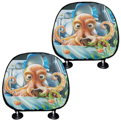 Funny Devilfish Car Seat Headrest Protector Set of 2 Pcs Vehicle Seat Pillow Covers Stretchy Auto Seats Headrest Cover Universal Auto Interior Accessories - color: Funny Devilfish