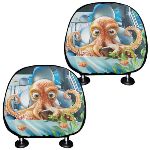 Funny Devilfish Car Seat Headrest Protector Set of 2 Pcs Vehicle Seat Pillow Covers Stretchy Auto Seats Headrest Cover Universal Auto Interior Accessories - color: Funny Devilfish