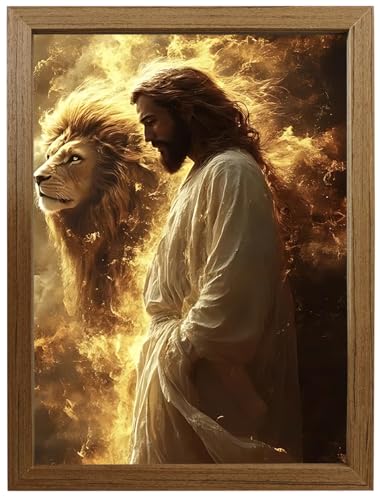 Framed Christian Wall Art, Jesus with Lion Canvas Print in Wooden Frame, Lion of Judah Religious Faith Wall Decor for Living Room Bedroom Prayer Room Church, Ready to Hang, 8x10in - color: huangse, size: 10"L x 8"W