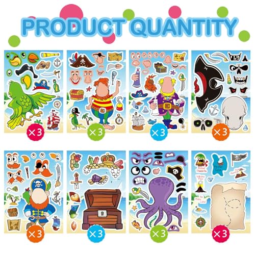 24 Sheets Pirate Stickers for Kids, Make Your Own Pirate Stickers, Make-a-face Stickers, Jolly Roger Stickers, Skull and Crossbones Stickers, Pirate Themed Party Decorations - style: Pirate Theme