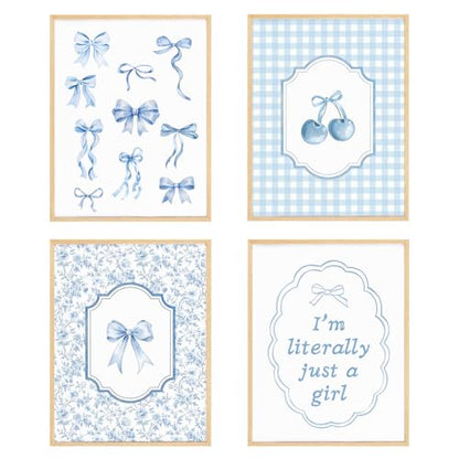 BRRNYOI Coquette Blue Bow Cherry Floral Wall Art Prints Set of 4, Blue and White Plaid Preppy Girly Posters Wall Decor for Girls Bedroom Dorm Apartment Home, 8x10 Unframed