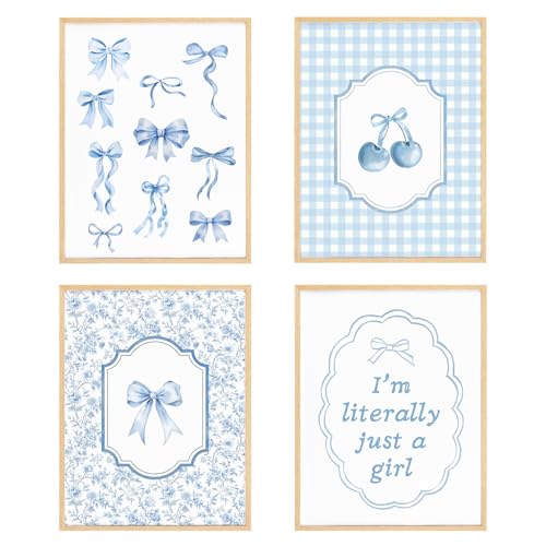 BRRNYOI Coquette Blue Bow Cherry Floral Wall Art Prints Set of 4, Blue and White Plaid Preppy Girly Posters Wall Decor for Girls Bedroom Dorm Apartment Home, 8x10 Unframed