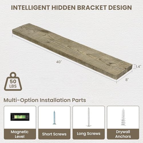 Acovy 40" Unfinished Solid Reclaimed Wood Floating Shelves, Rustic Heavy-Duty Wall Shelves, 8" Deep Floating Shelf for Living Room, Bathroom, Bedroom and Kitchen, Set of 2, Grey - color: Cement Grey, size: 40inches-2P