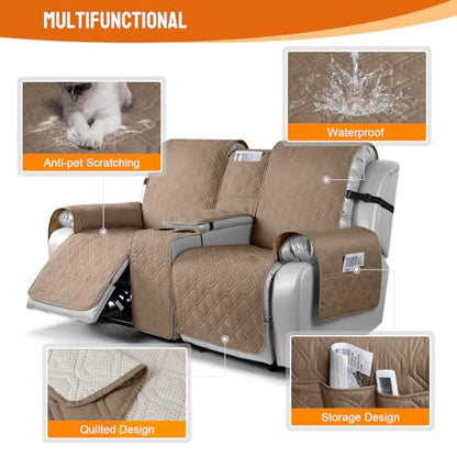 VANSOFY Loveseat Recliner Cover with Console 100% Waterproof Sofa Slipcovers Non-Slip Reclining Couch Cover Split Sofa Covers Furniture Protector for Pets, Dogs(Light Brown) - color: Light Brown