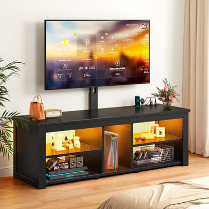 TV Stand with Mount for 55/65 Inch TVs,Wood TV Stands for Living Room with Power Outlet & LED Entertainment Center Gaming Console for Bedroom, Height Adjustable Swivel TV Mount, Carbon Fiber Black - color: Black