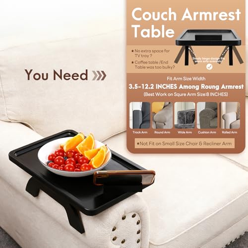 SINWANT Couch Arm Table, Bamboo Sofa Clip On Side Table Tray,Foldable Sofa Arm Tray with 360° Phone Holder for Eating Drinking Snacks Remote on Couch Armrest - color: Black