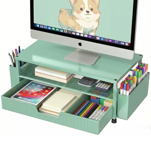 ECOLOVI Desk Organizer and Accessories, 2-Tier Computer Monitor Stand Rise with Storage Drawer & 2 Pen Holders, Laptop & Printer Stand for Desktop, Workspace Organizers for Office Supplies (Green) - color: Green