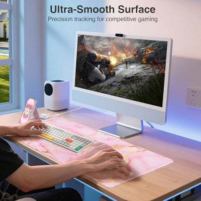 Wireless Charging Mouse Pad with Foldable Phone Holder, 31.5"x15.8" Large Desk Mat for Laptop/Keyboard, Waterproof Ultra-Smooth Surface, Non-Slip Base, Pink Marble - color: Pink Marble-31.5"x15.8"-Phone Holder