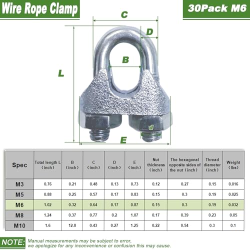 30PCS 1/4" Galvanized Zinc-Plated Wire Rope Cable Clamp Clips, M6 Wire Cable Clampswith U-Bolt Saddle Fasteners for Secure Rigging & Marine Use - size: M6-30PCS