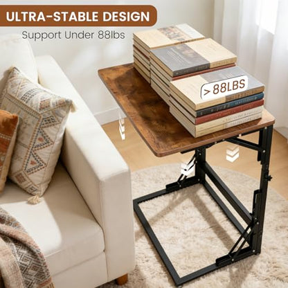 Folding Side Table, Adjustable C-Shaped End Table for Couch, Metal Frame TV Tray Table for Sofa Living Bedroom Bedside Coffee Small Spaces (Brown, 23.6" L x 15.8" W) - size: 23.6"L x 15.8"W