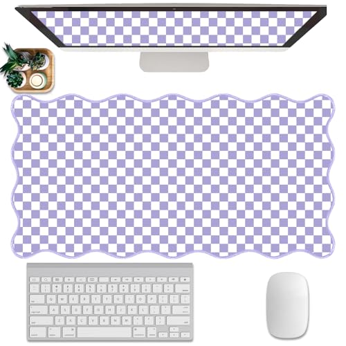 Scalloped Desk Mat Extended Large Cute Mouse Pad Big Desk Pad XXL Aesthetic Kawaii Plaid Mousepad Checkered Mouse Pad for Keyboard Computer Laptop Home Office Accessories Girl 31.5X15.7Inch Purple - color: Purple, size: 31.5" x 15.7"
